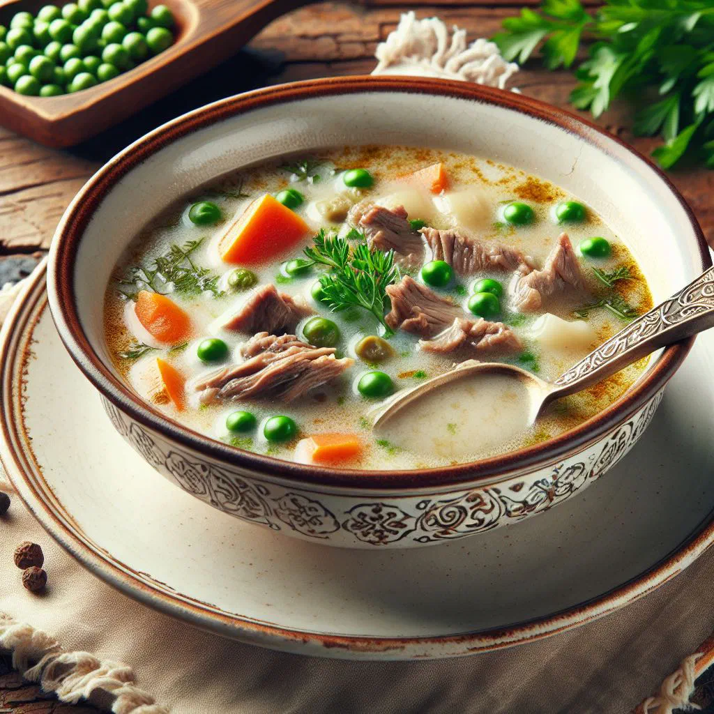 Bowl of Turkmen Süzme Çorba soup with tender meat, vegetables and fresh herbs