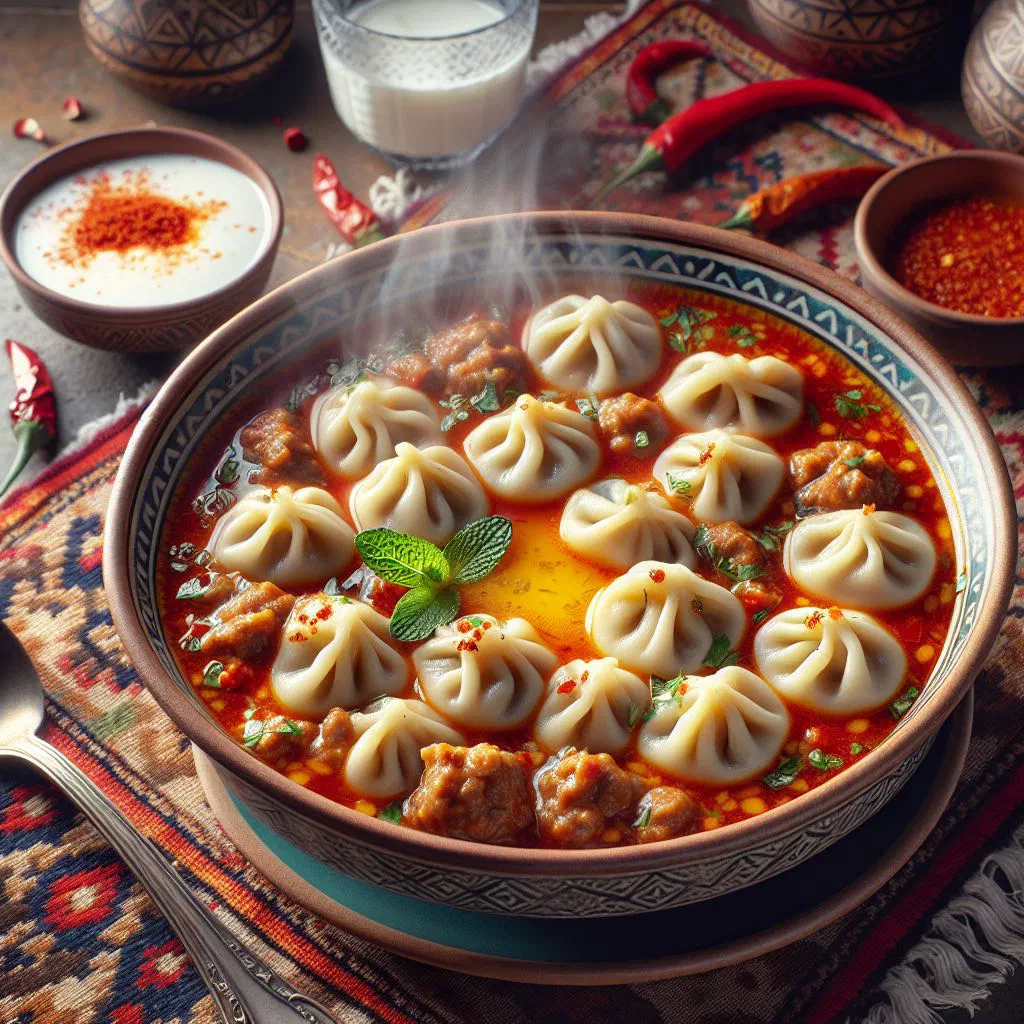 Steamed taze manti dumplings served with a herbed yoghurt sauce