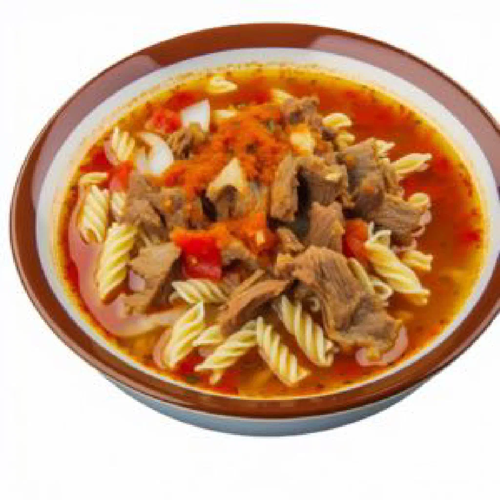 Bowl of Turkmen tokmach noodle soup garnished with fresh herbs
