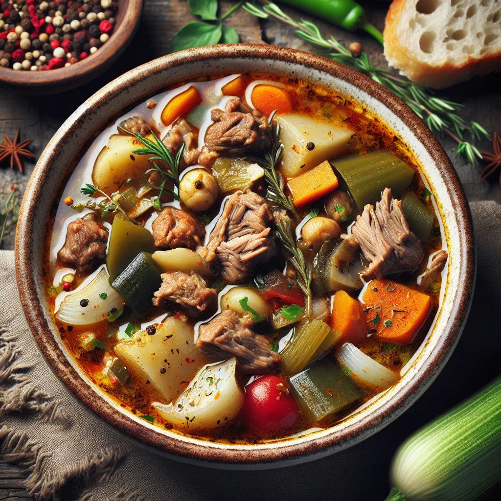 Bowl of Ümeç Çorba with tender meat, carrots and fresh herbs