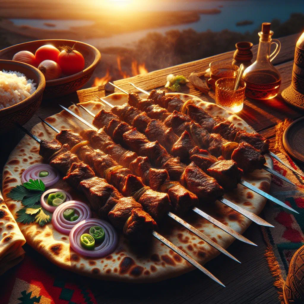 Grilled lamb skewers of yashlyk with fresh vegetables
