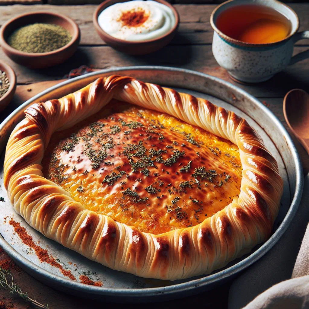 Golden baked Turkmen egg börek pastries sprinkled with sesame seeds