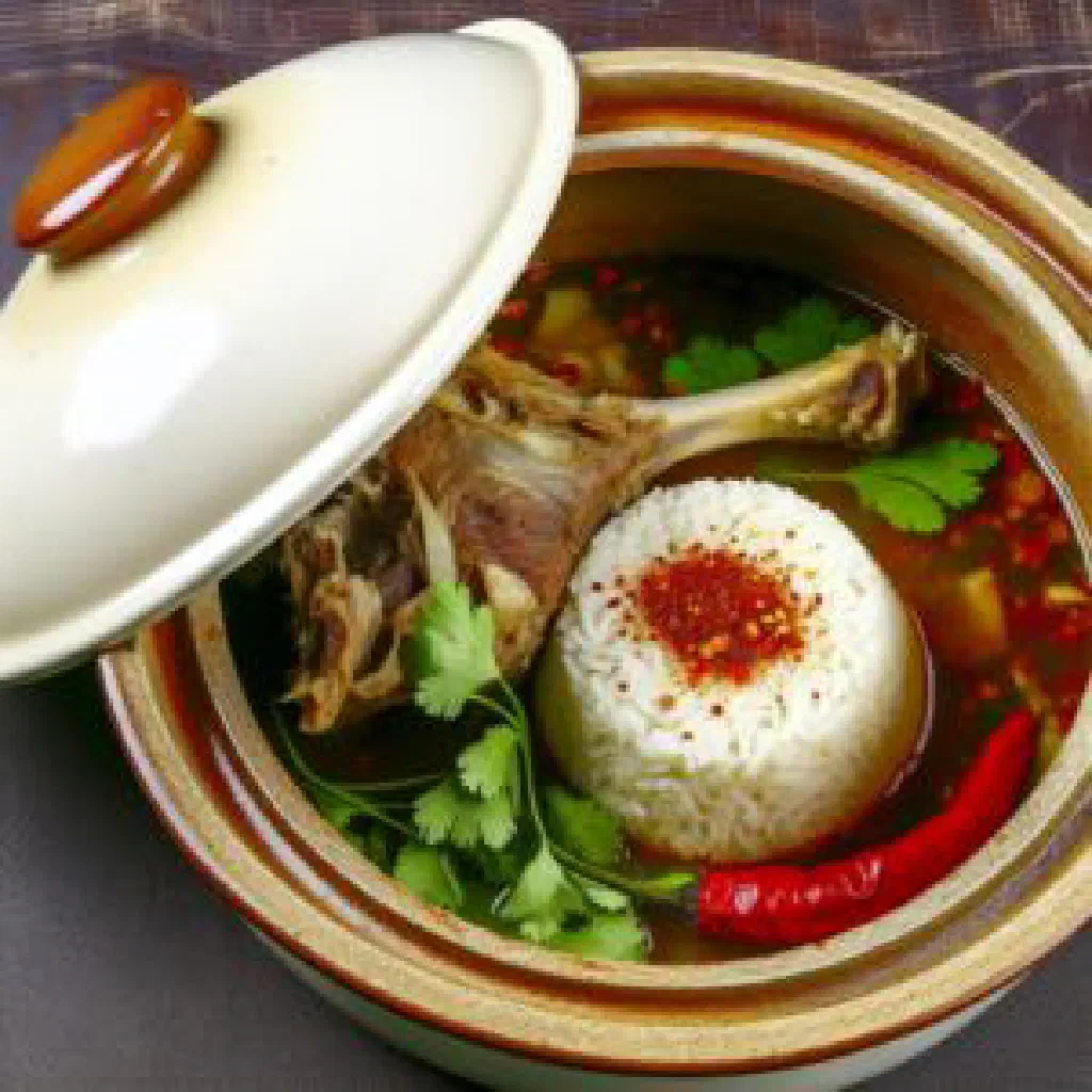Zhulama meat and vegetable stew served in a traditional clay pot