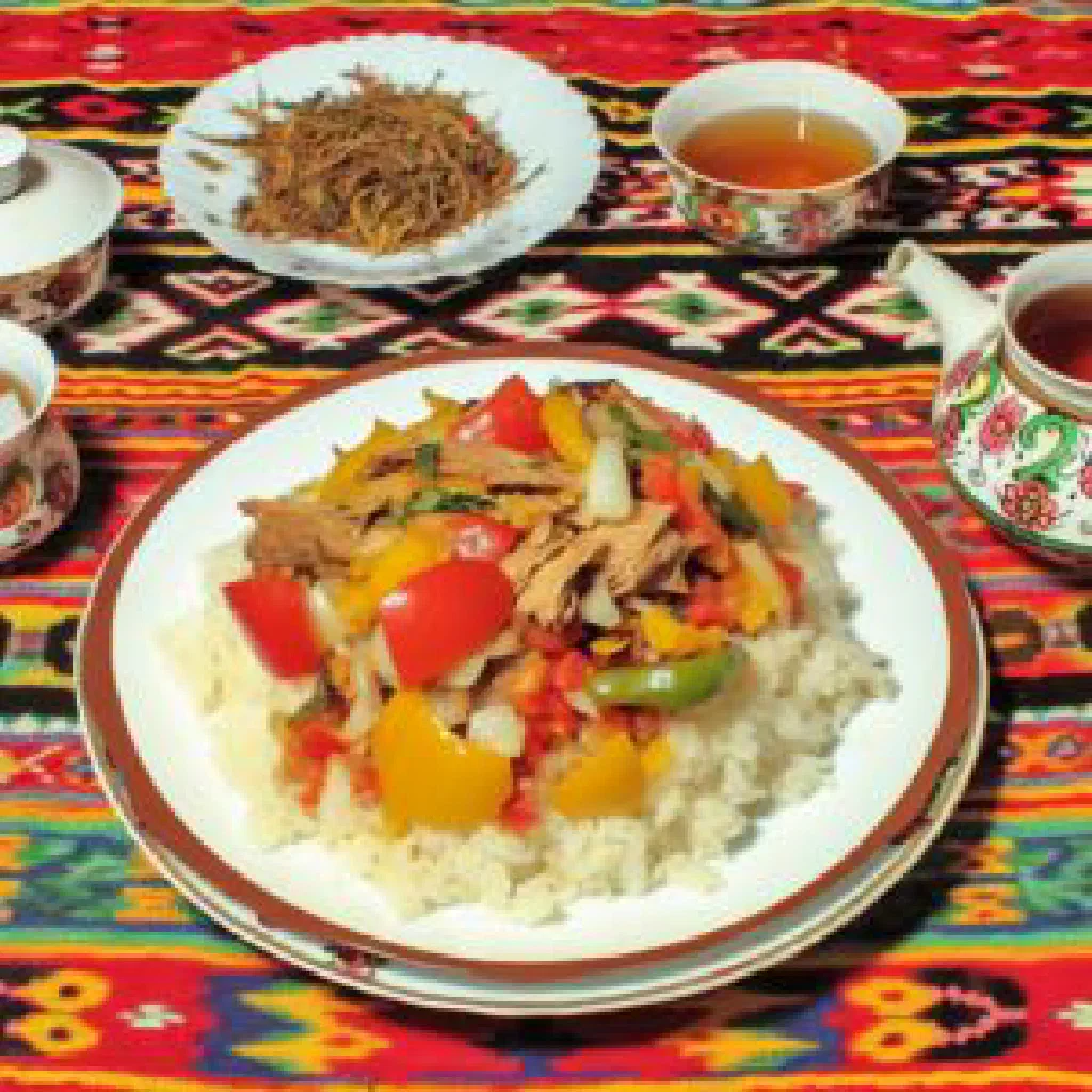 Braised Turkmen zowik with meat, carrots and peppers garnished with parsley