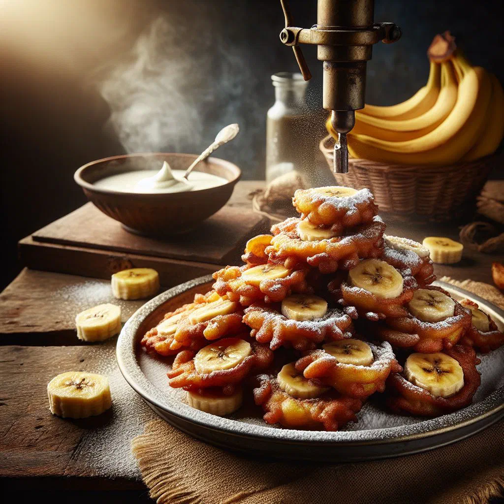 Golden banana fritters piled on a plate with a drizzle of honey
