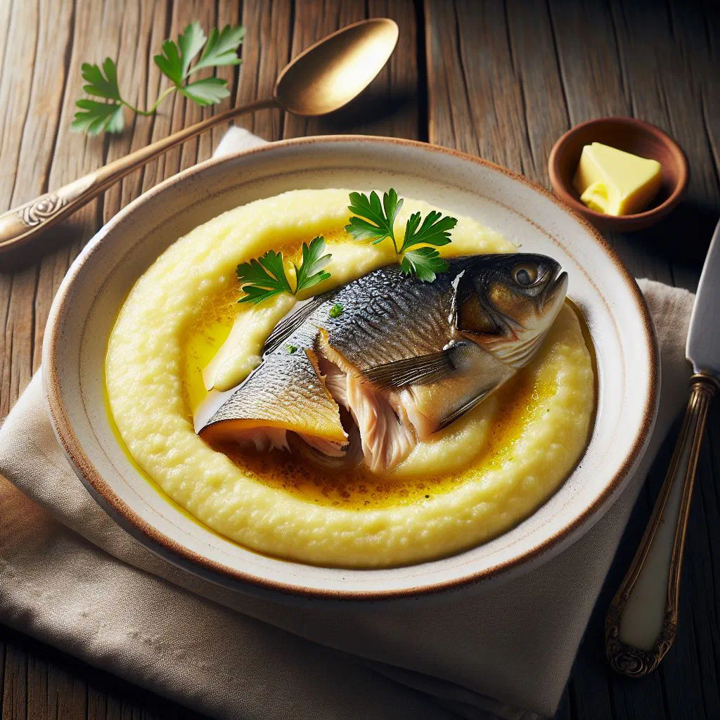 Boiled fish in a light broth served over creamy grits with fresh herbs