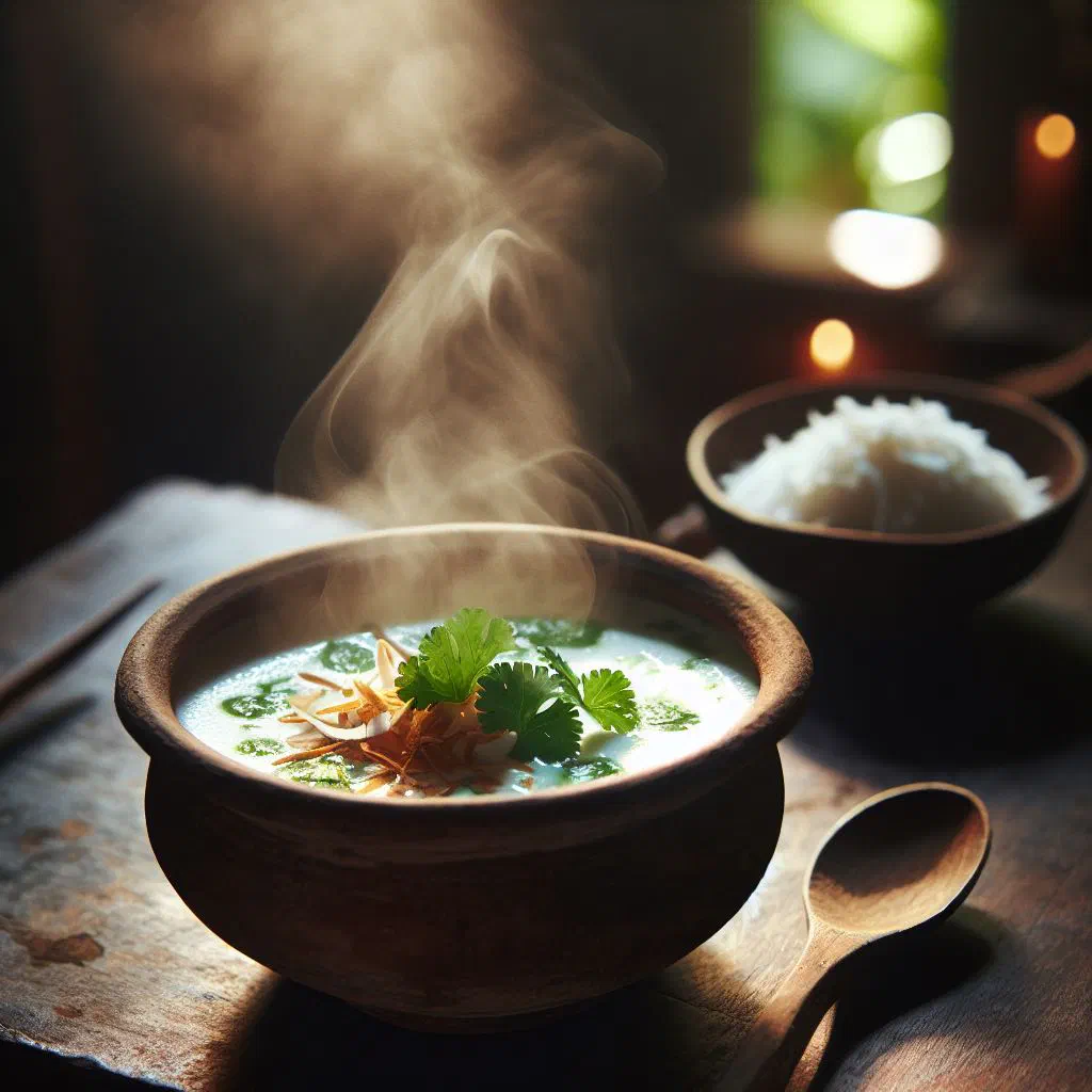 Bowl of chilled coconut soup garnished with fresh coriander and lime