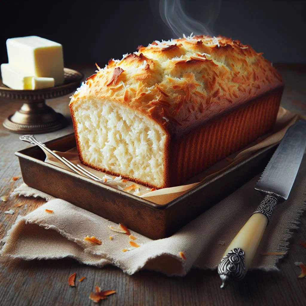 Sliced golden coconut bread on a wooden board
