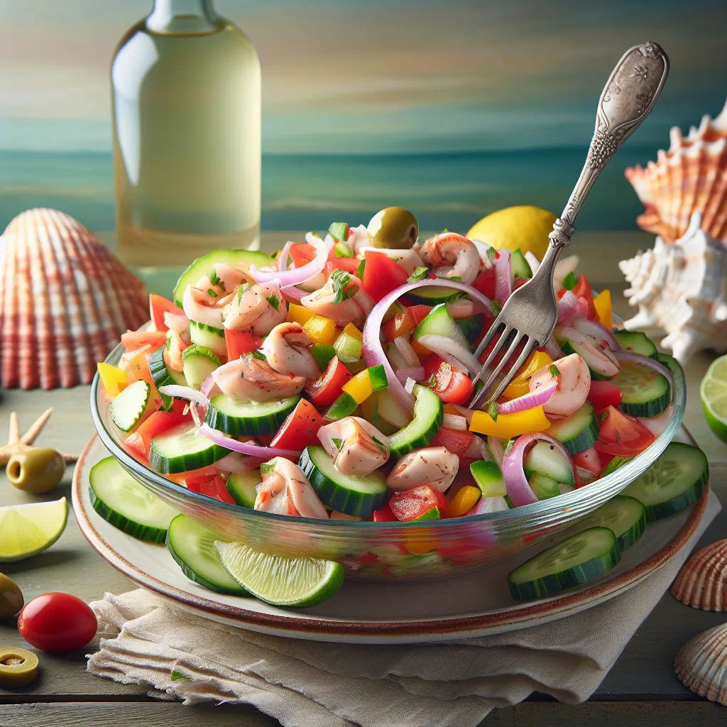 Fresh conch salad with diced peppers, tomato and lime in a bowl