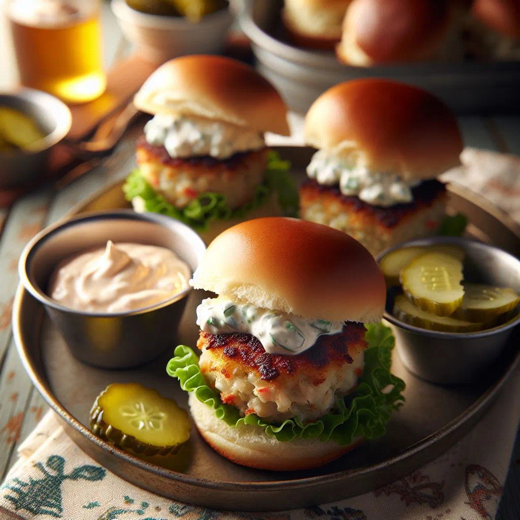 Golden crab cake sliders in small buns with fresh salad leaves