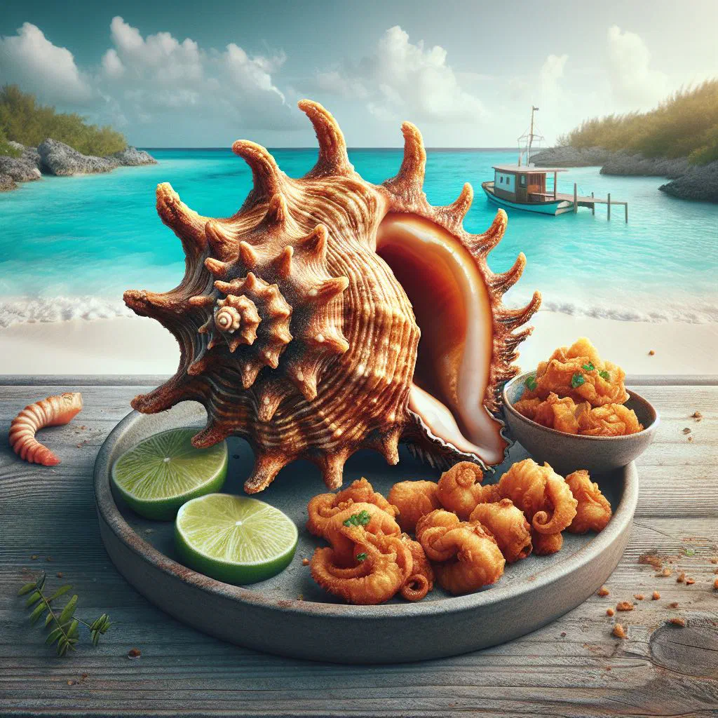 Golden fried crack conch pieces served with lime wedges and salad