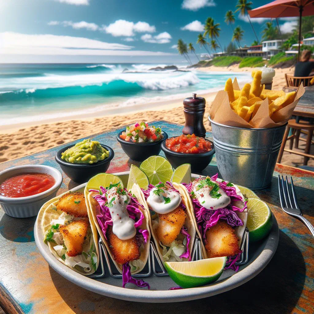 Fish tacos in corn tortillas with avocado, tomato and fresh coriander
