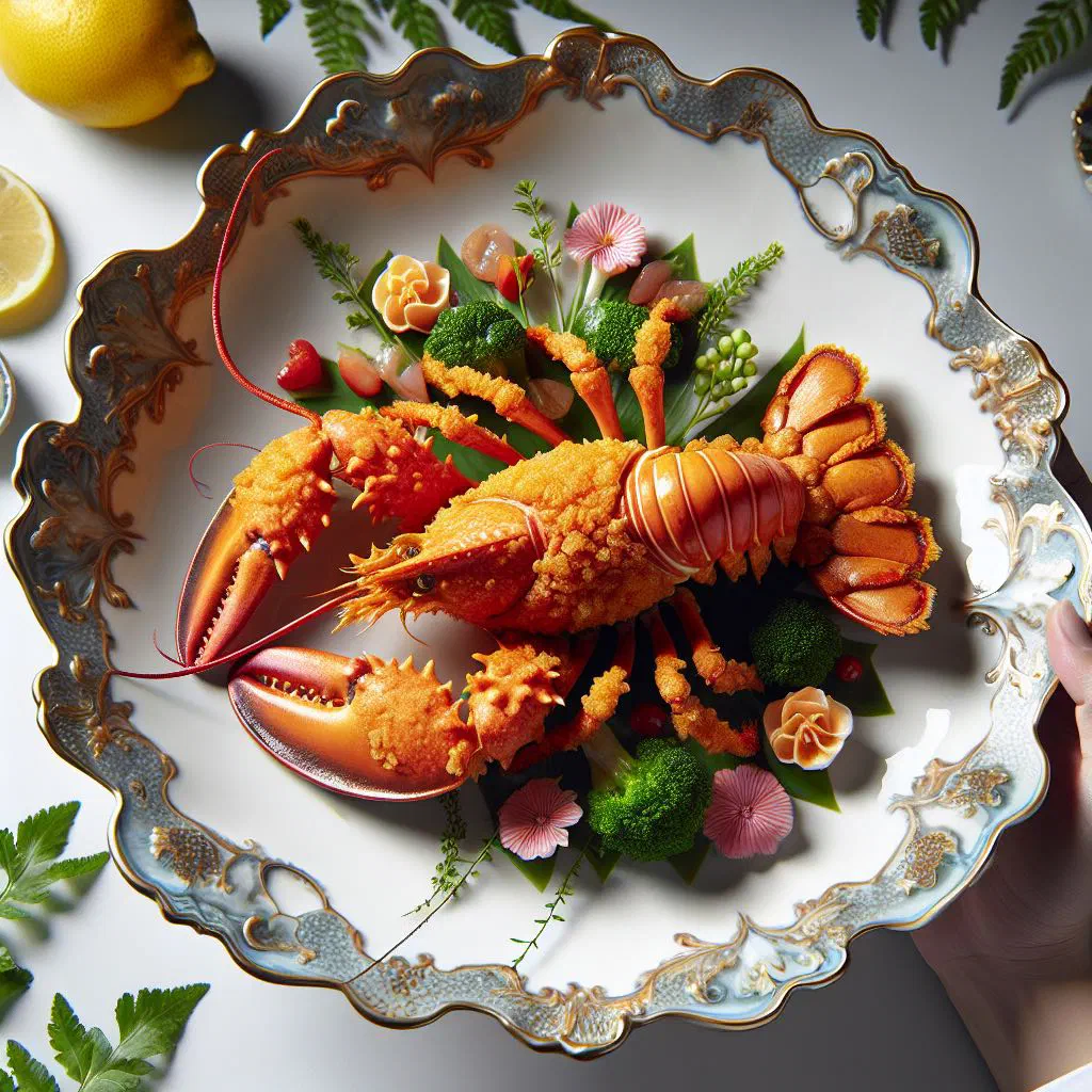 Golden fried lobster pieces with lime wedges and tropical fruit salad
