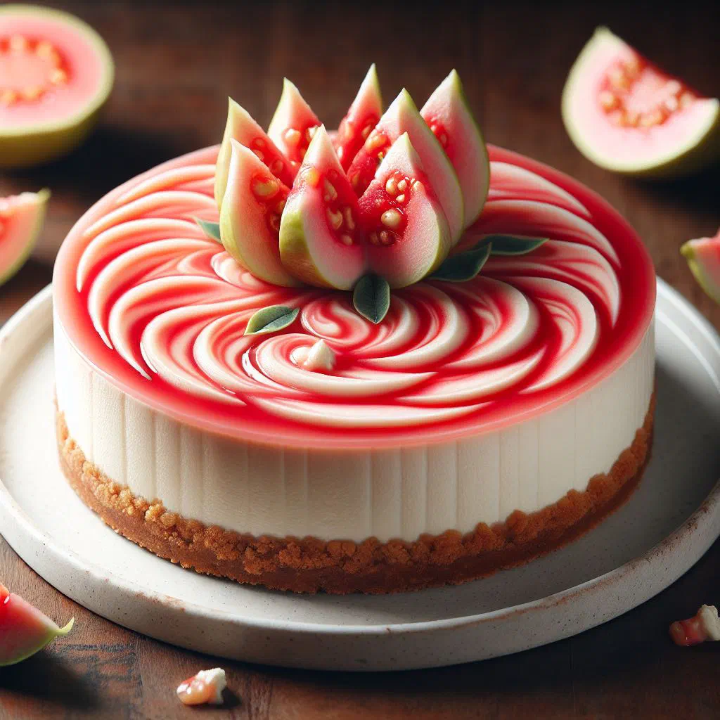 Slice of guava cheesecake on a biscuit base topped with fresh guava