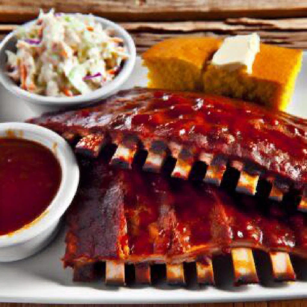 Glazed island BBQ ribs on a wooden board with lime wedges