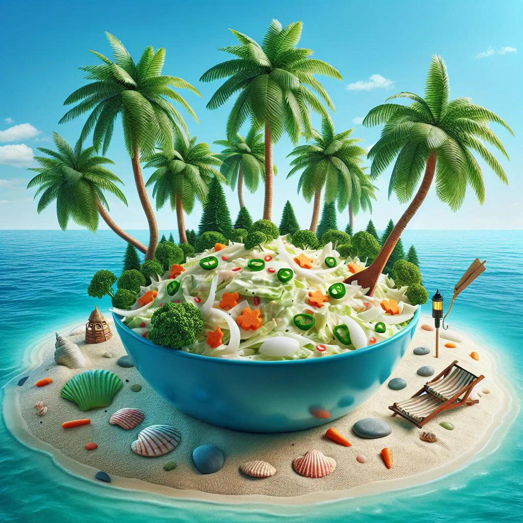 Island coleslaw with shredded cabbage, pineapple and carrot in a rustic bowl