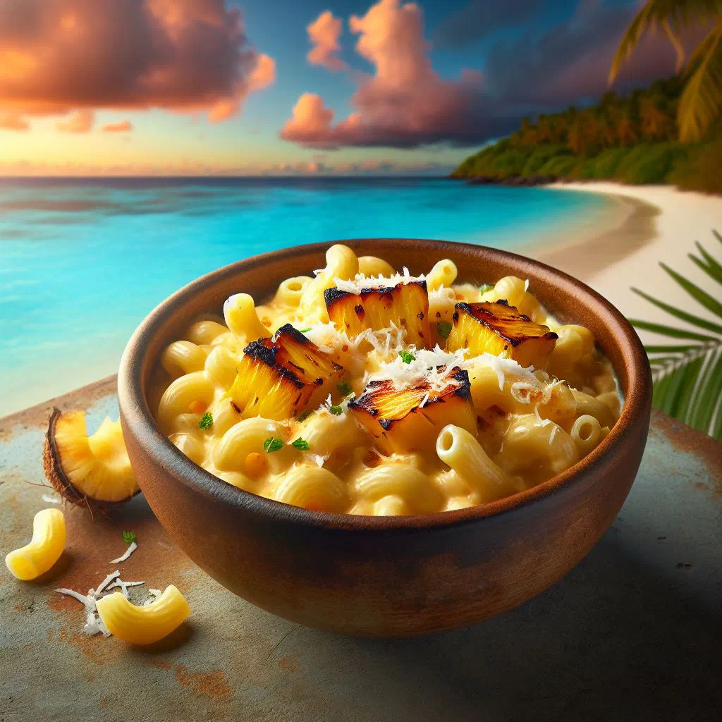 Baked island style mac and cheese with a golden crumb crust in a dish