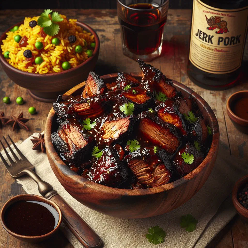 Grilled jerk pork pieces with charred edges and fresh herbs