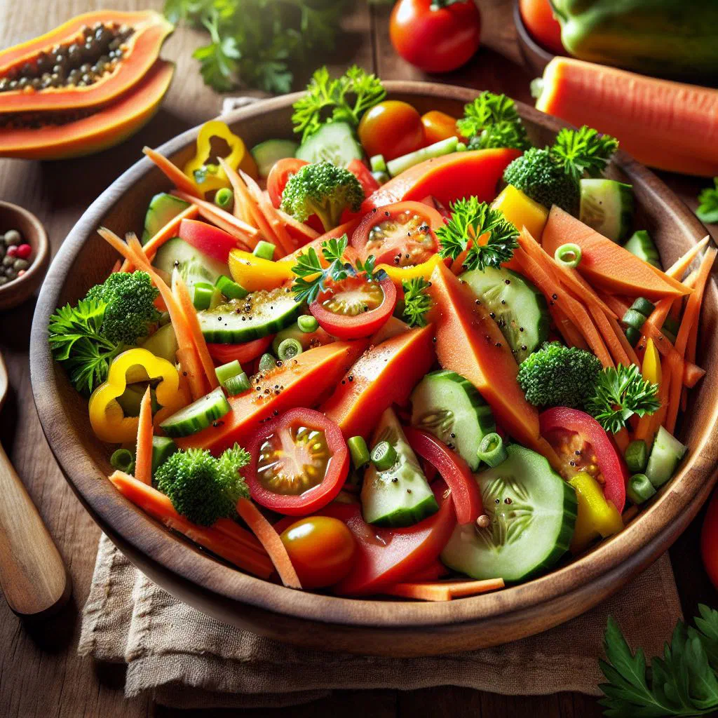 Bowl of fresh papaya salad with red pepper, onion and coriander