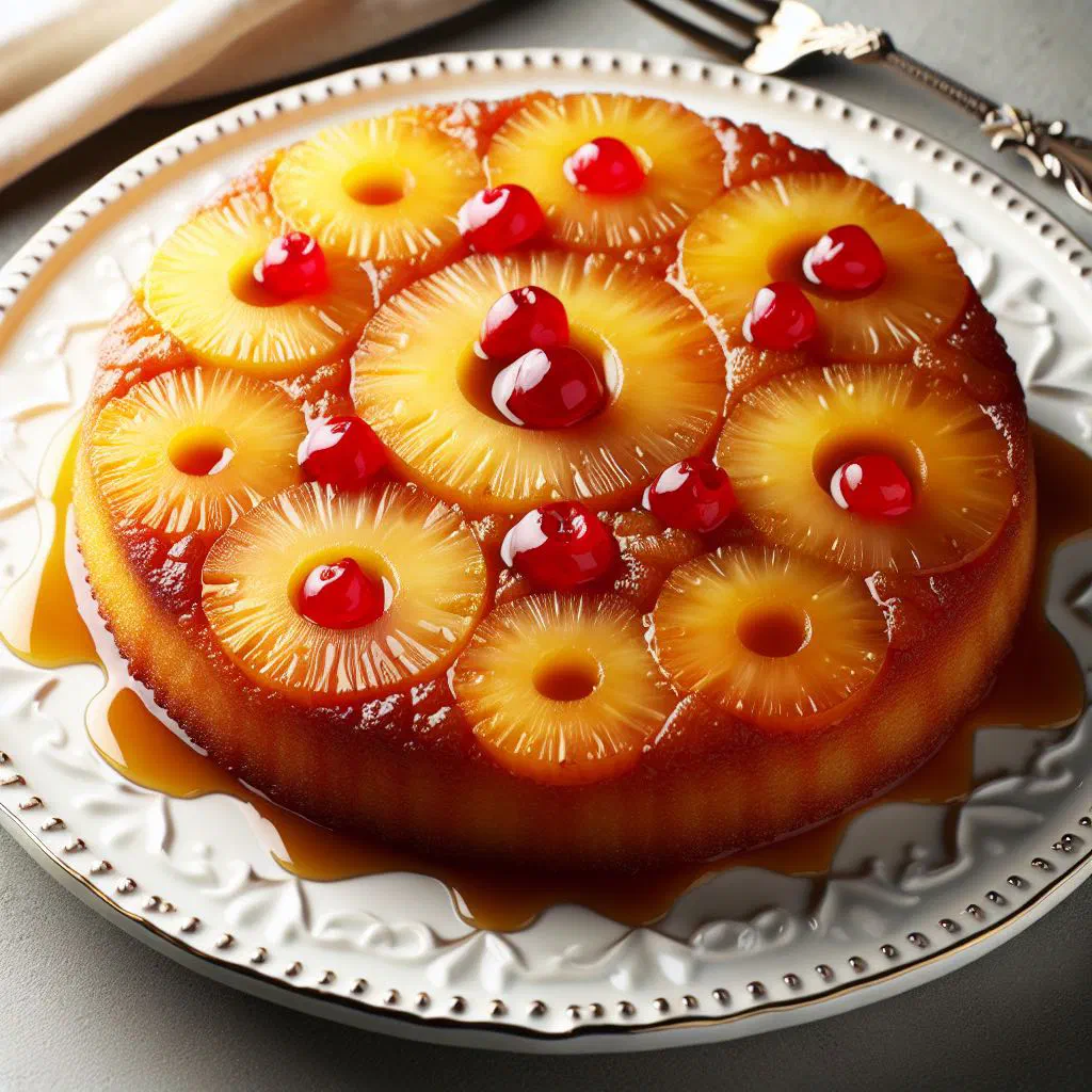 Golden pineapple upside-down cake with caramelised pineapple rings on top