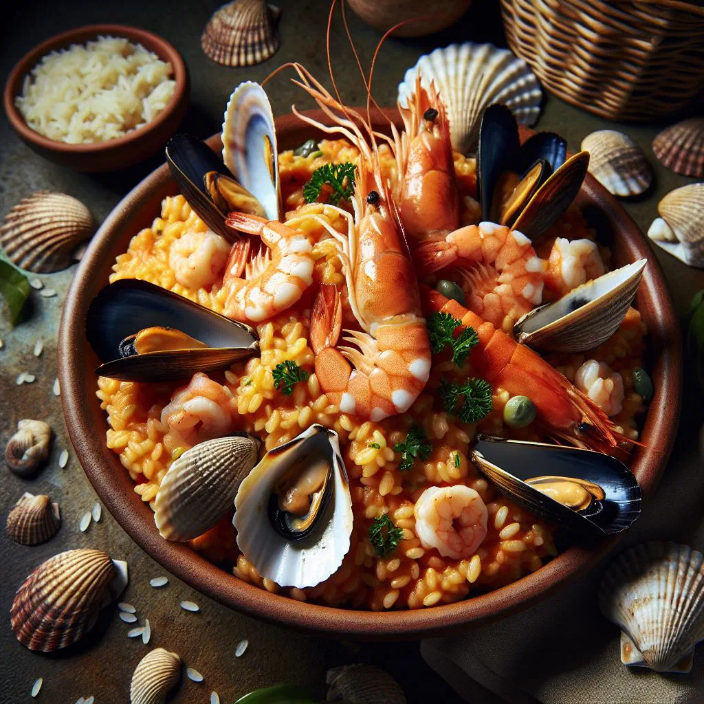 Creamy seafood risotto with prawns, mussels and fresh herbs in a deep bowl