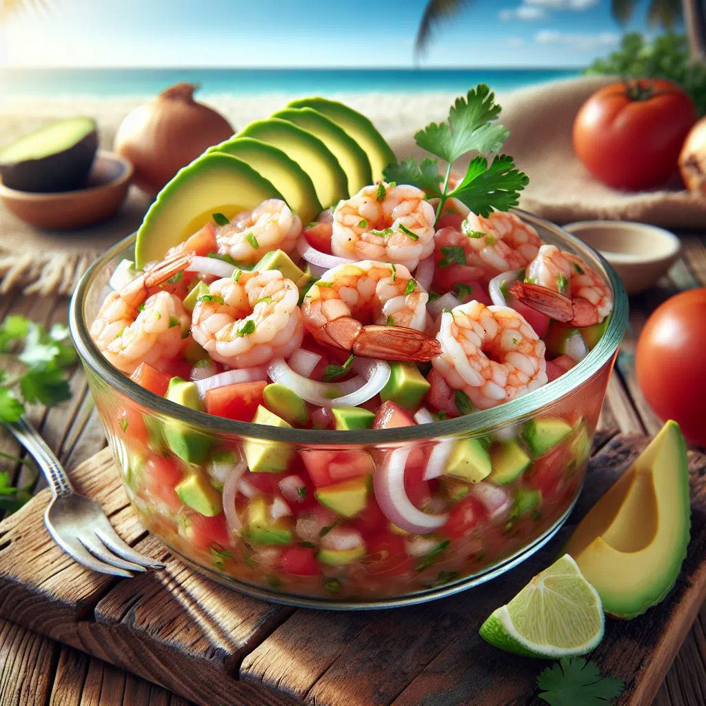 Shrimp ceviche with lime, red onion, tomato and fresh coriander