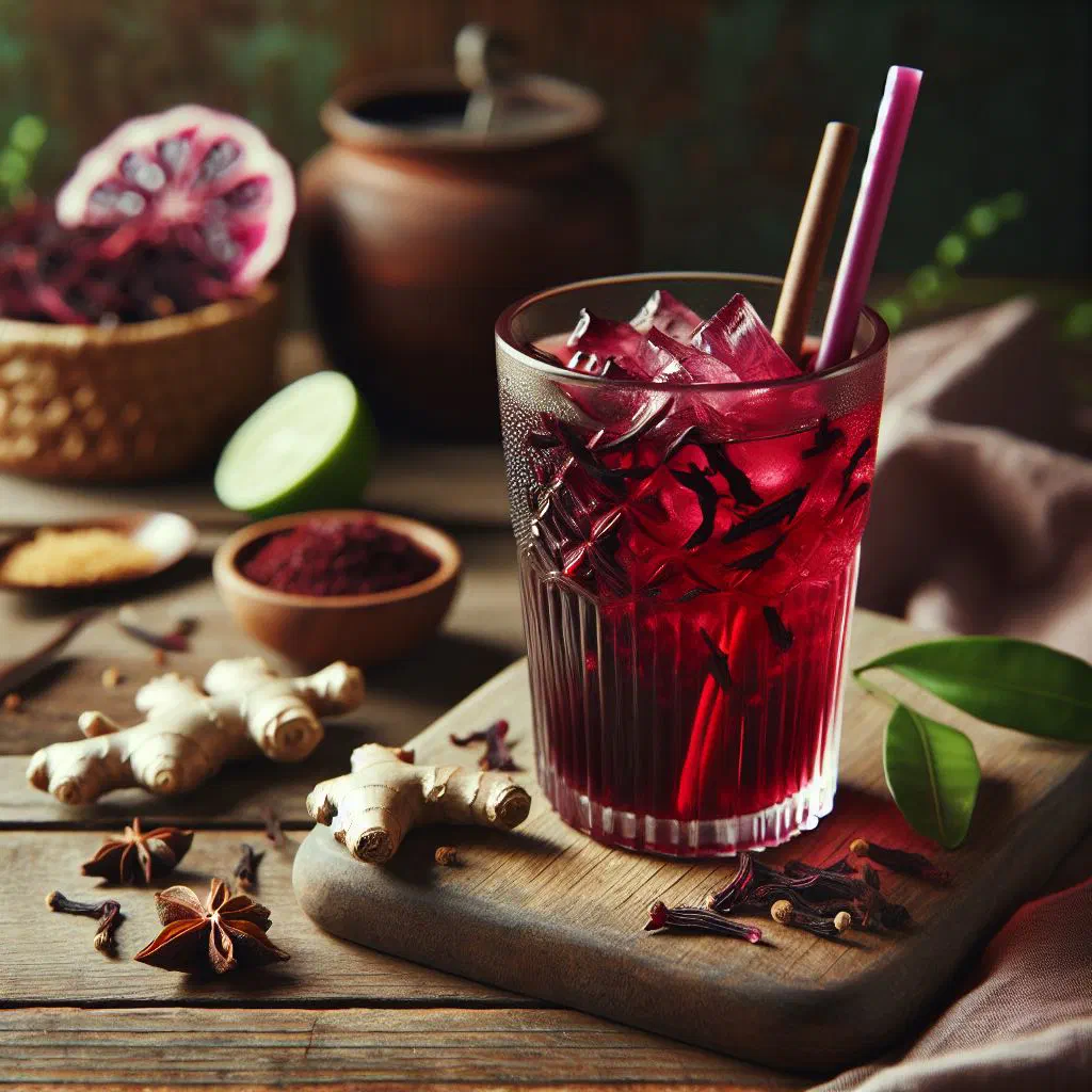 Deep red sorrel drink served over ice with a lime slice