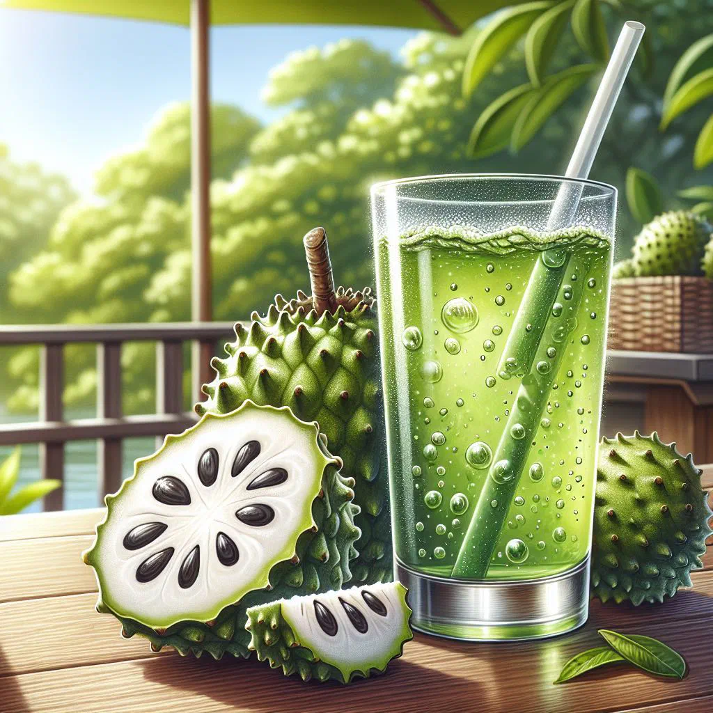 Creamy soursop juice served over ice with fresh mint