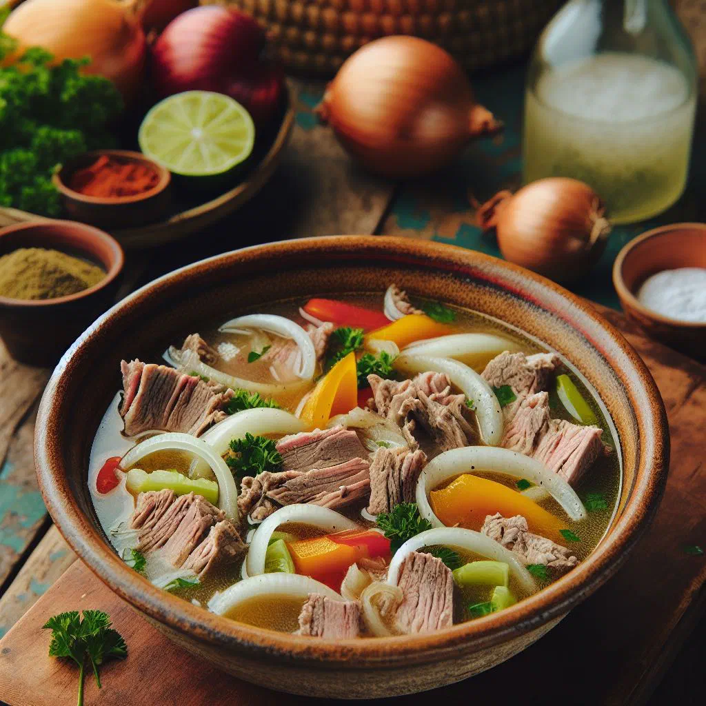 Bowl of Caribbean souse with tender meat, onion rings and lime