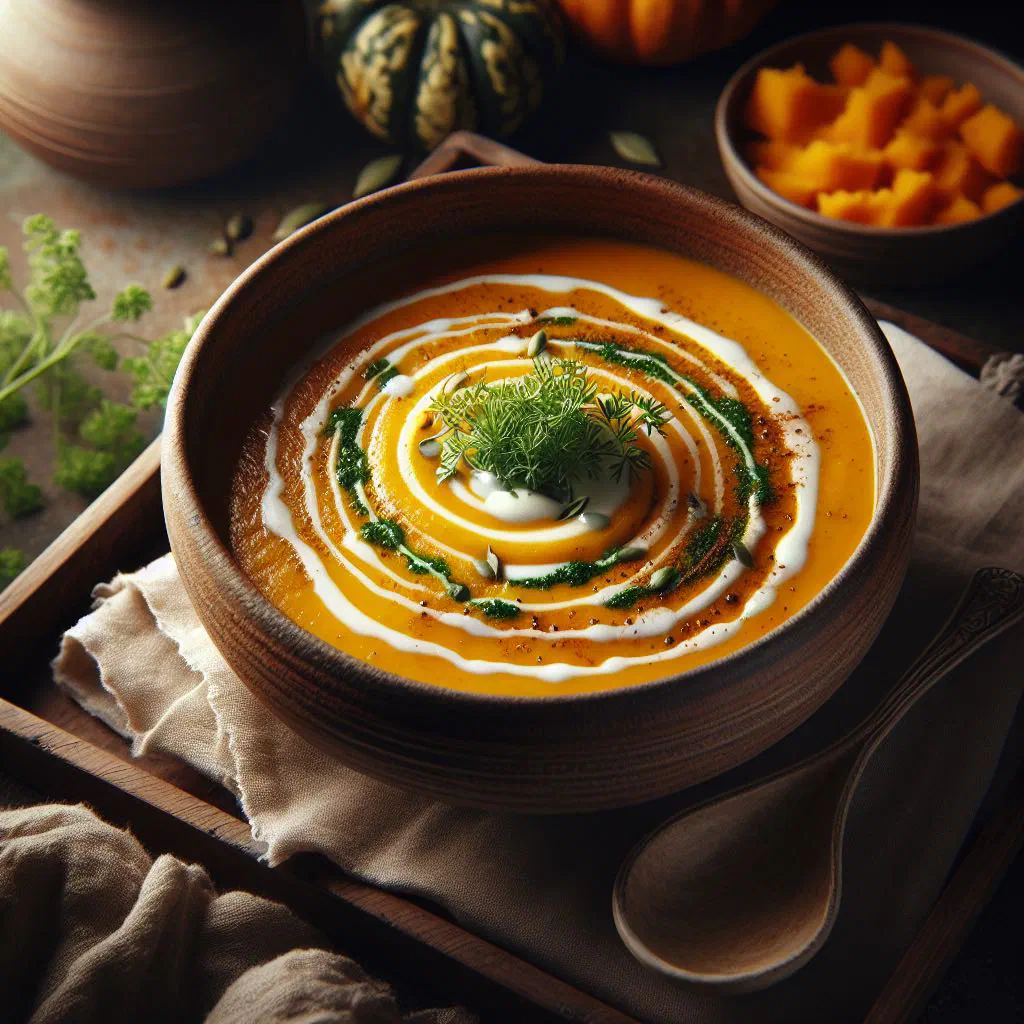 Creamy spiced pumpkin soup in a bowl with fresh herbs and a swirl of coconut milk