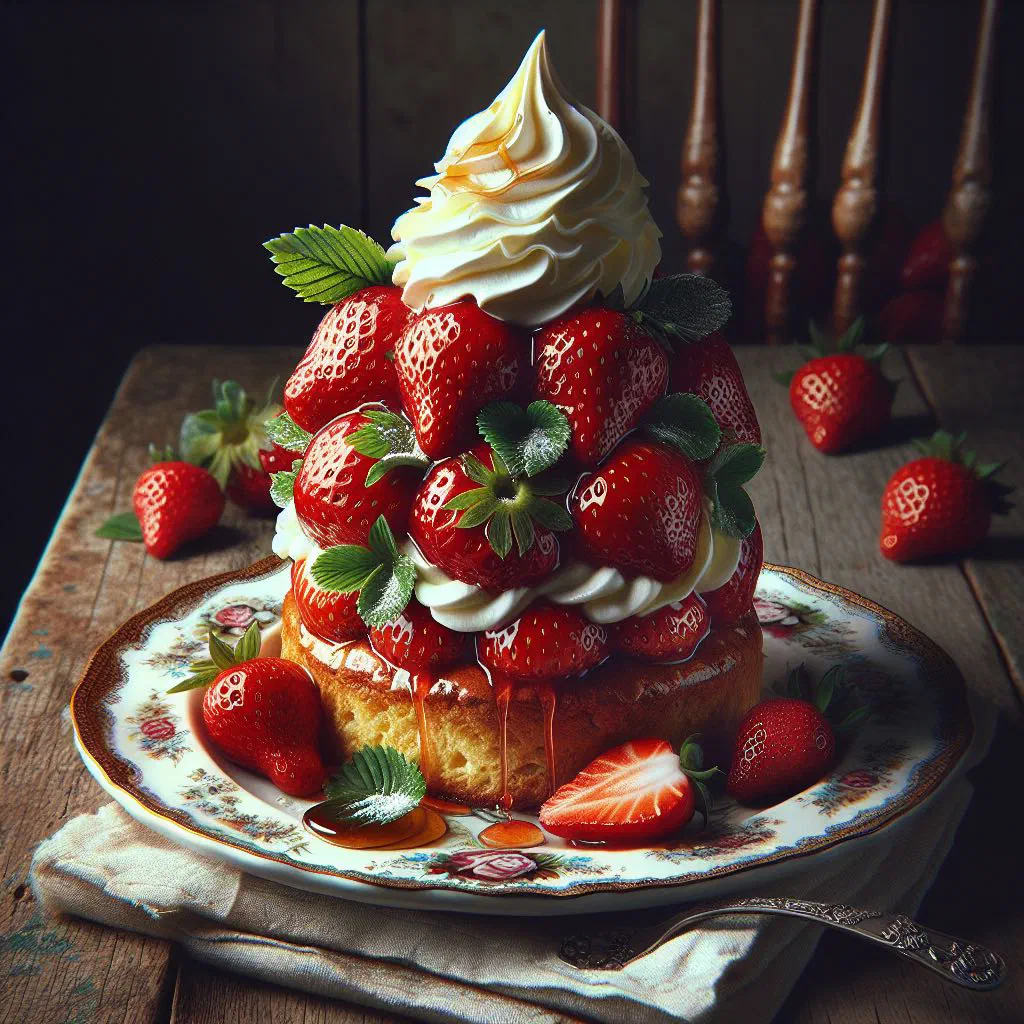Strawberry shortcake layered with fresh strawberries and whipped cream