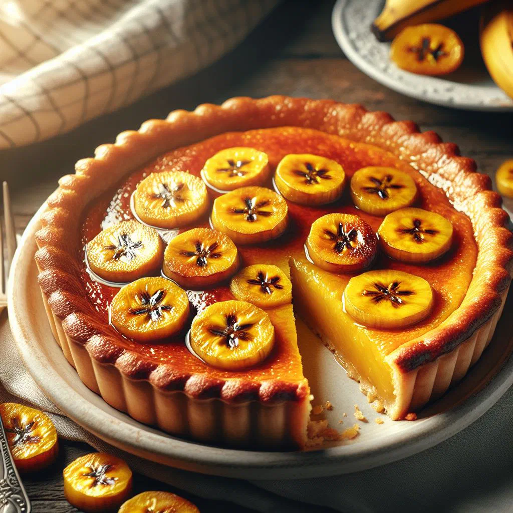 Golden sweet plantain pie dusted with icing sugar and served in slices