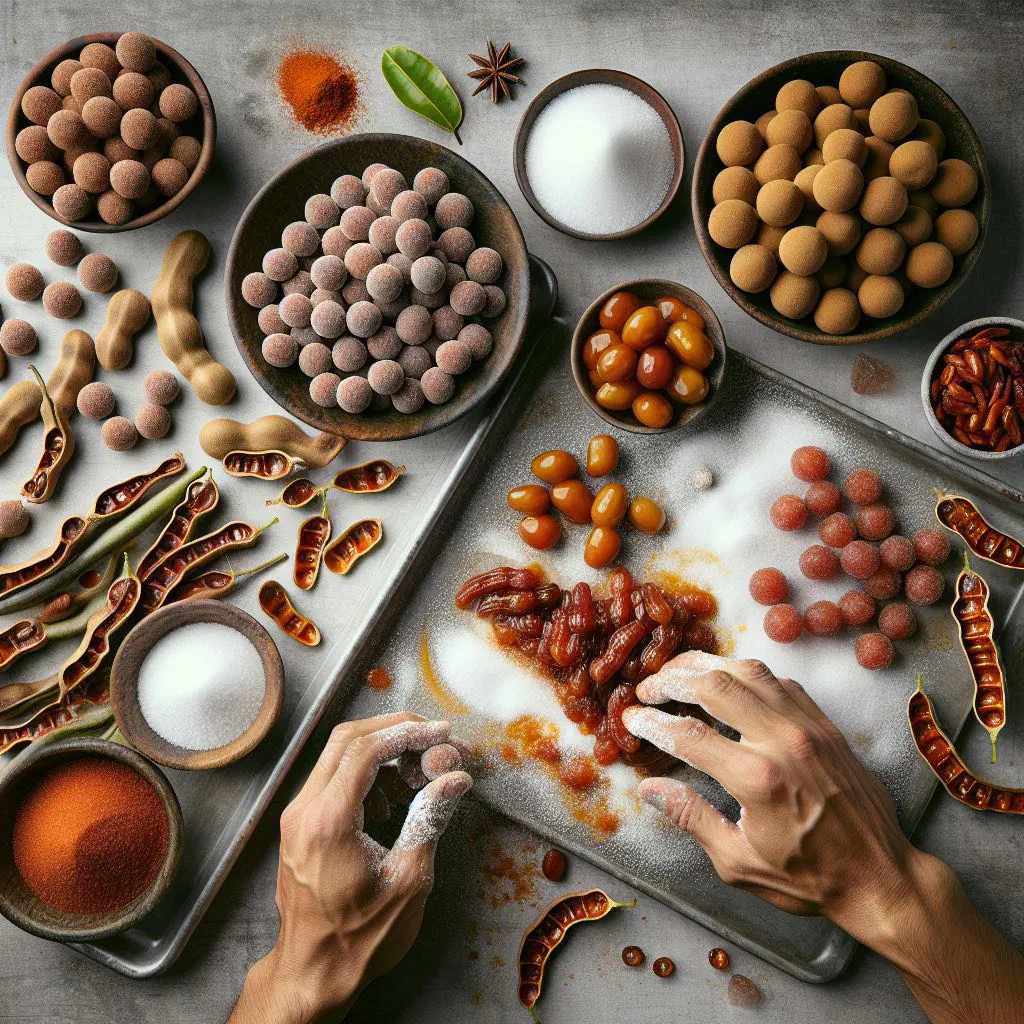 Sugar-coated tamarind balls arranged in a small bowl