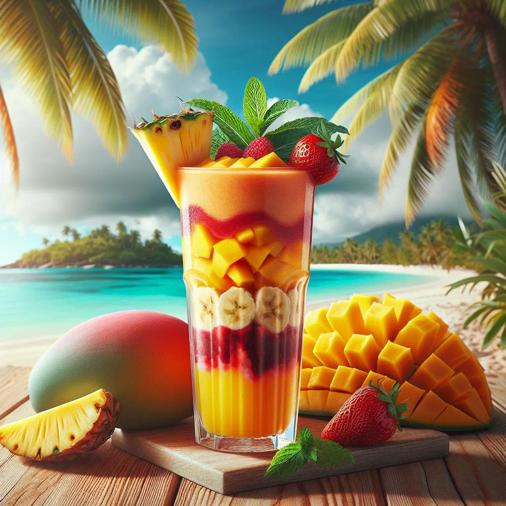 Creamy tropical smoothie in a glass garnished with lime and fresh fruit
