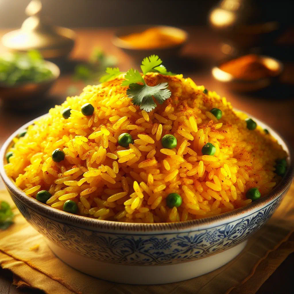 Golden turmeric rice in a bowl, garnished with fresh herbs