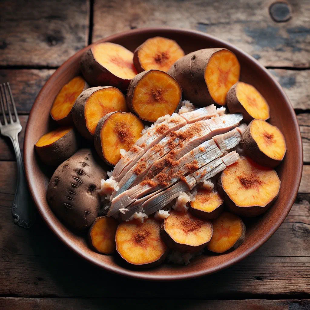 Flaked salt cod with chunks of yam, peppers and onions on a plate