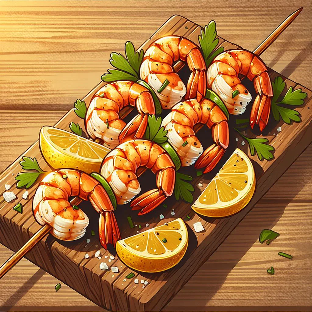 Grilled shrimp skewers with lime wedges and fresh coriander