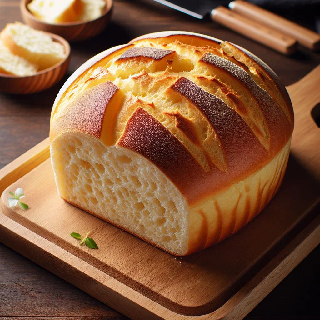 Golden baked cassava bread cut into squares on a plate