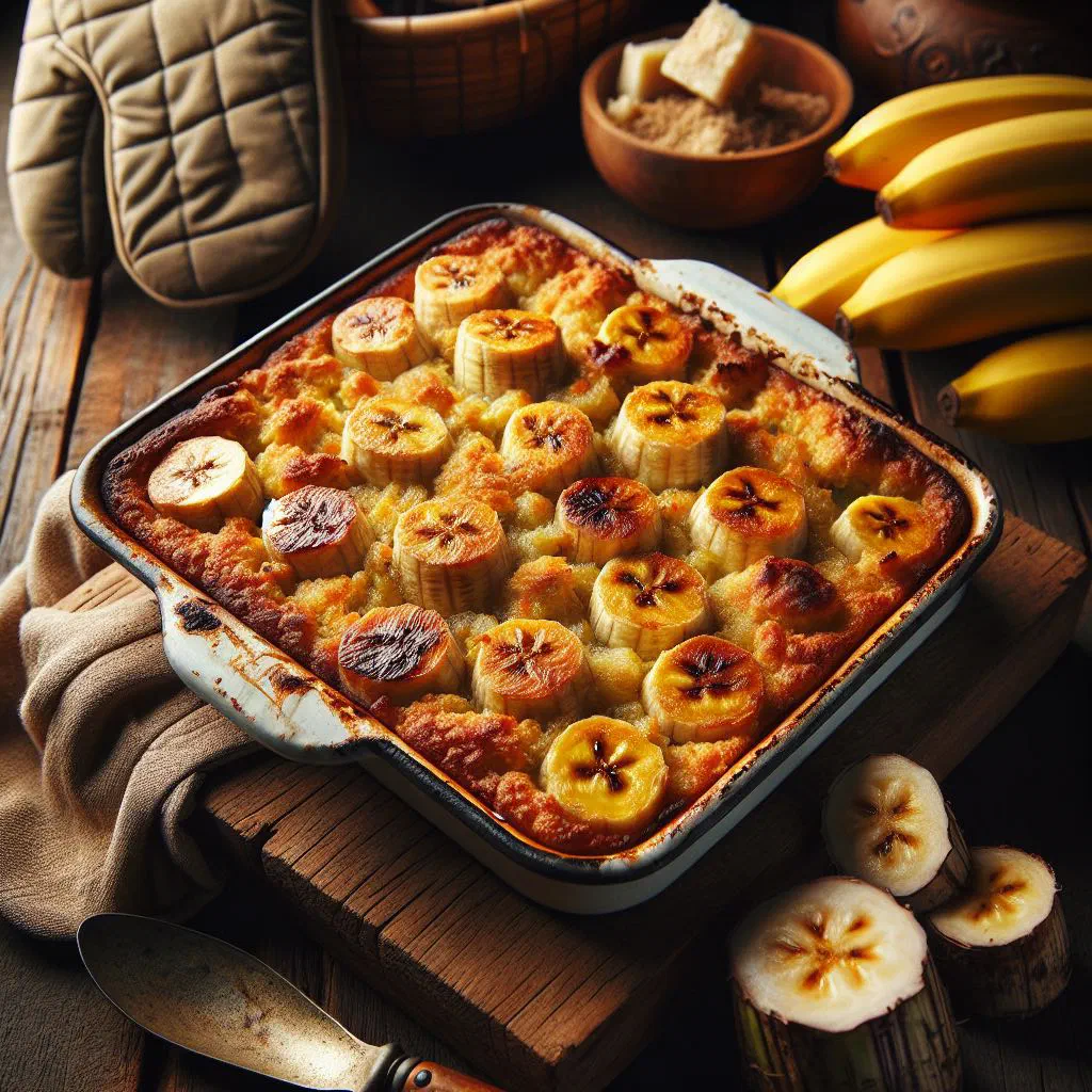 Golden baked layers of banana and taro in coconut milk