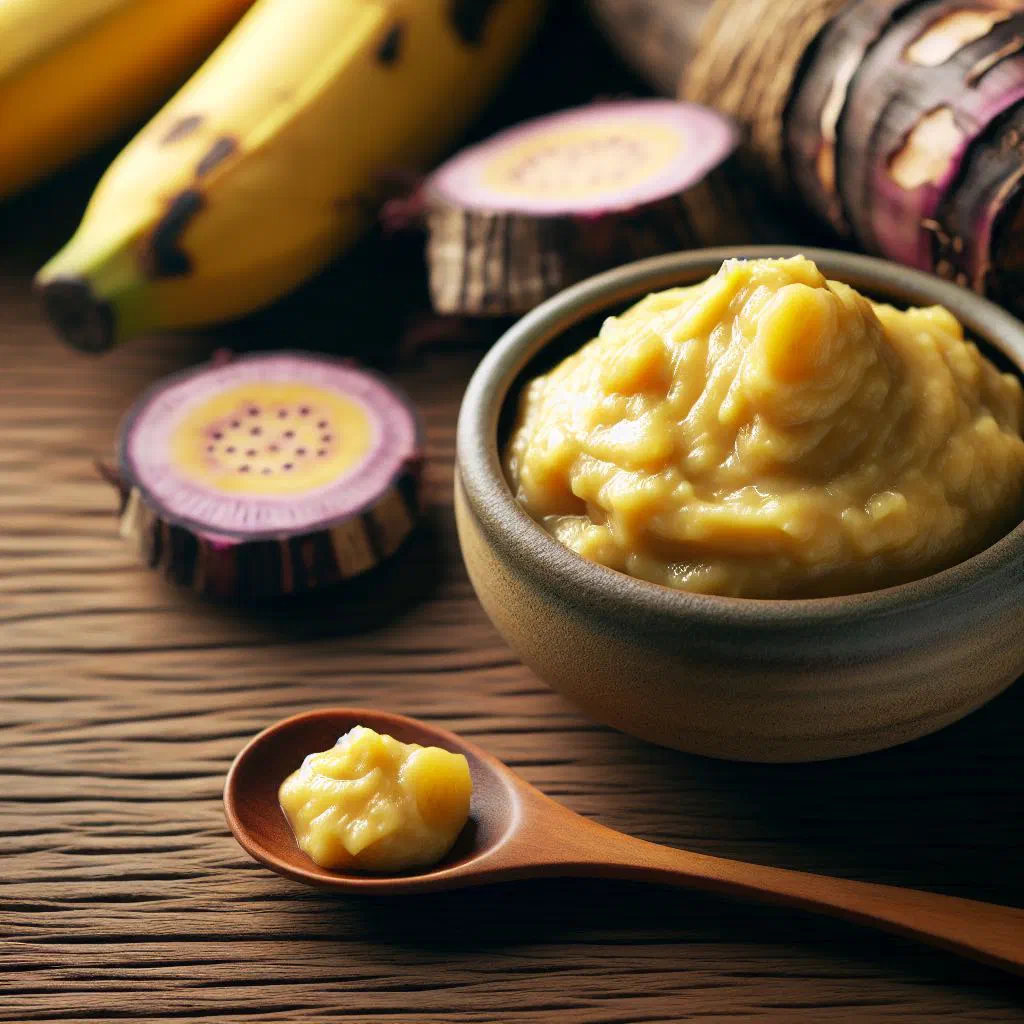 Creamy banana and taro paste served in a bowl with fresh fruit