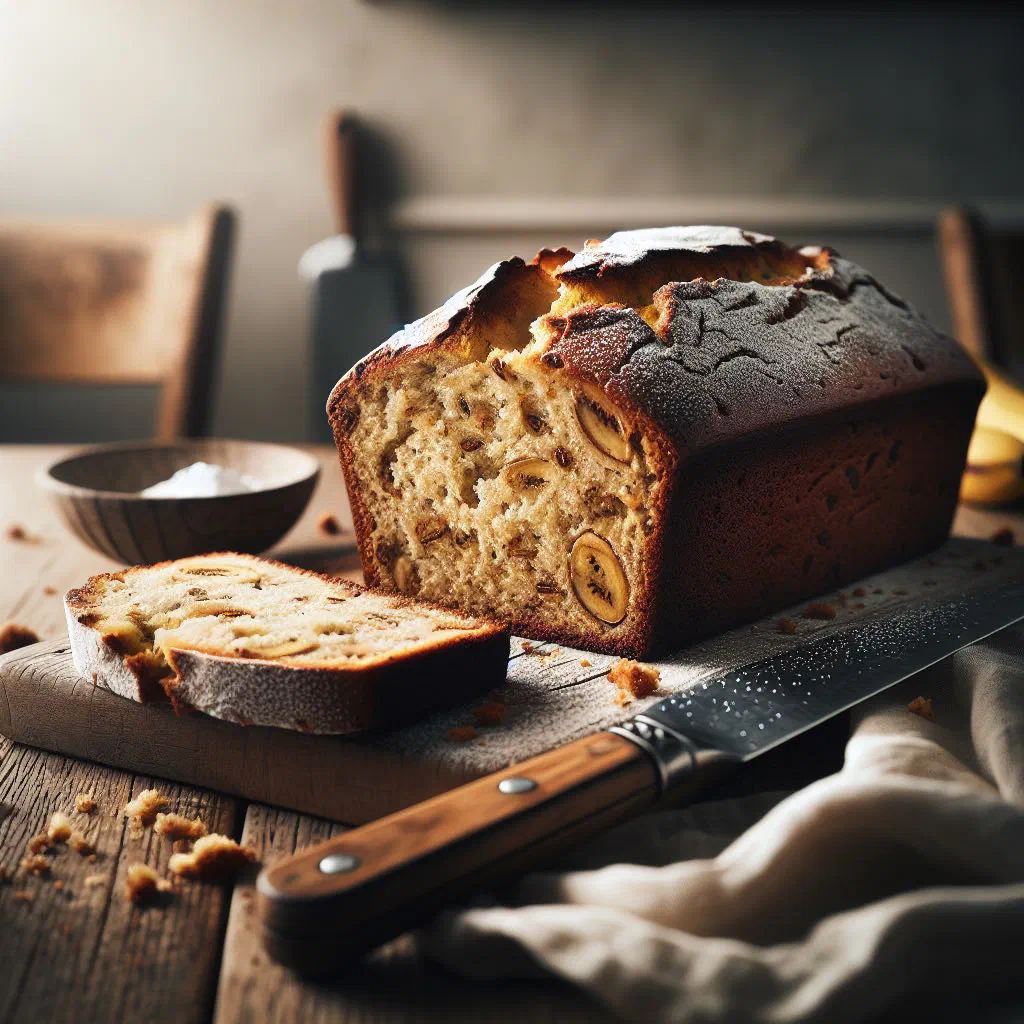 Sliced loaf of golden banana bread on a wooden board