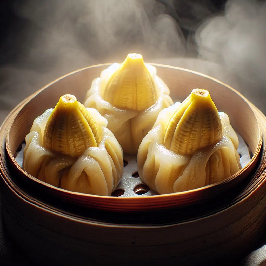 Steamed banana dumplings dusted with cinnamon on a plate