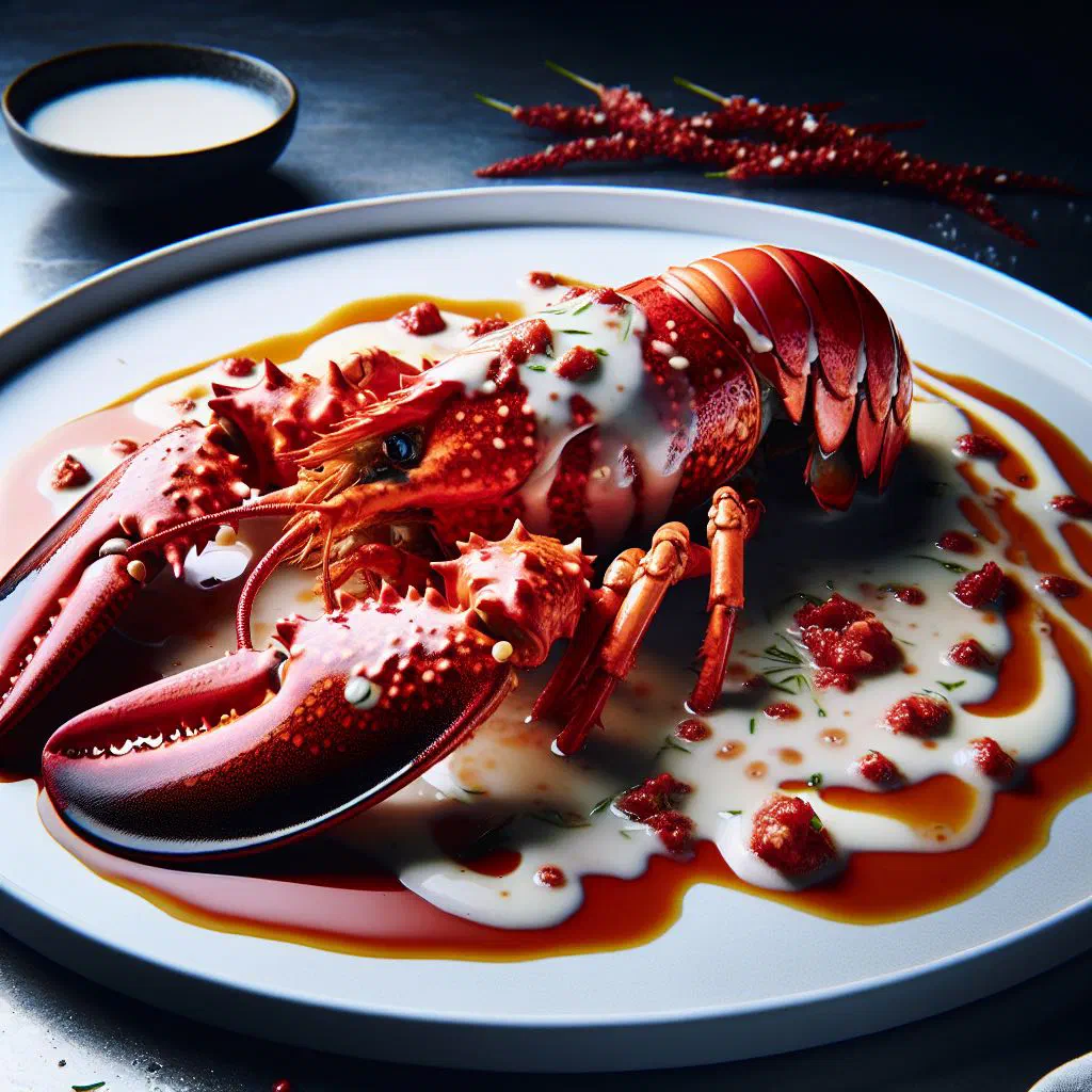 Boiled lobster on a platter glazed with creamy coconut sauce and coriander