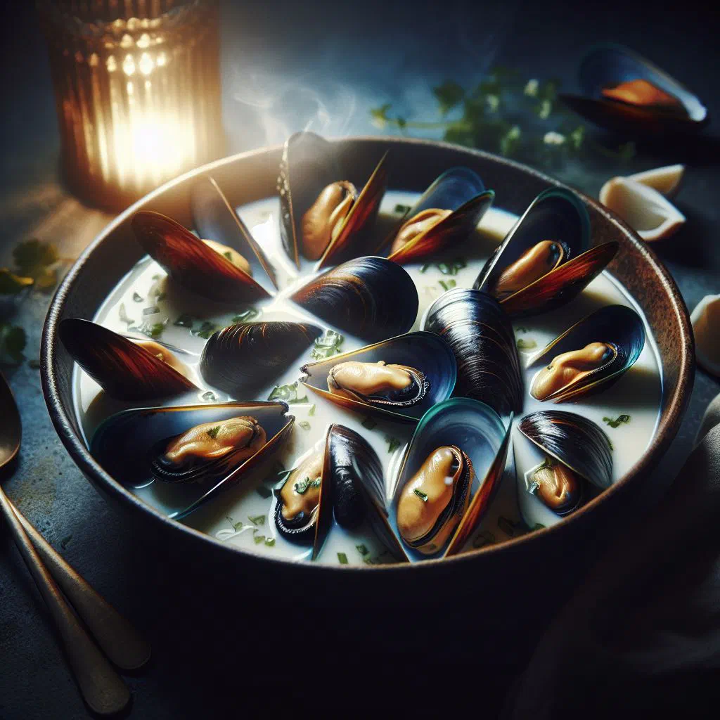 Mussels simmered in a creamy coconut broth, garnished with fresh coriander and lime
