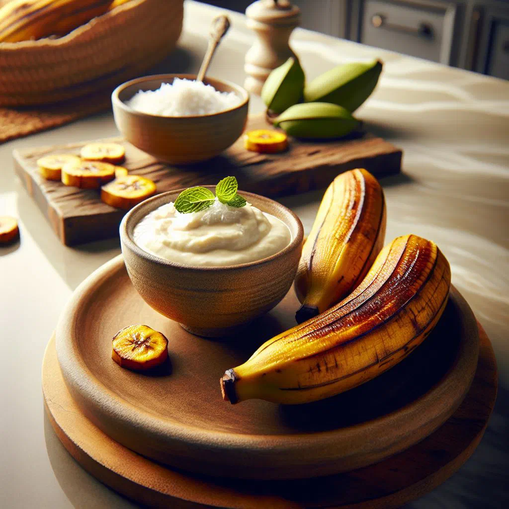 Boiled plantains topped with creamy coconut sauce and fresh tropical fruit