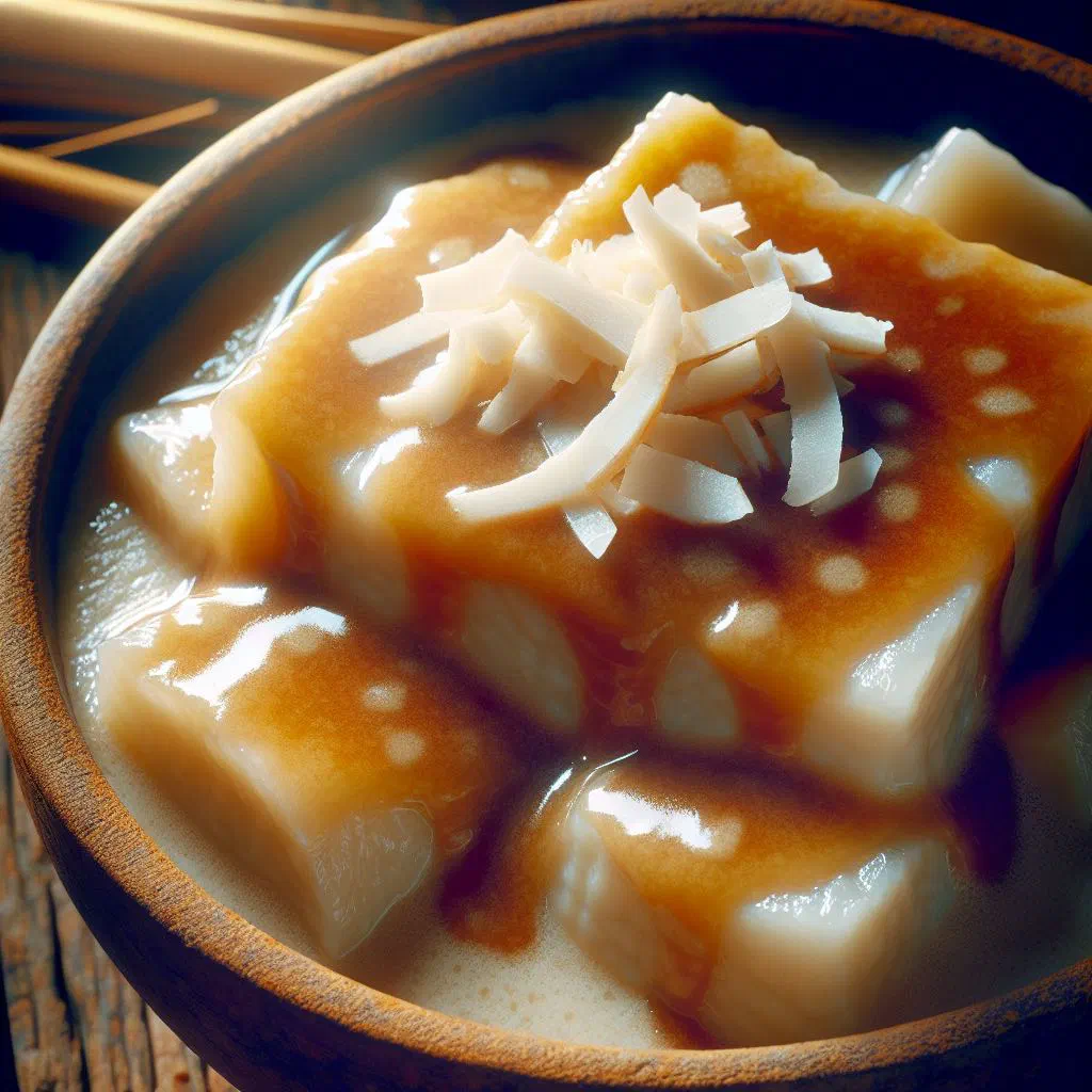 Boiled taro pieces topped with creamy coconut sauce and fresh herbs