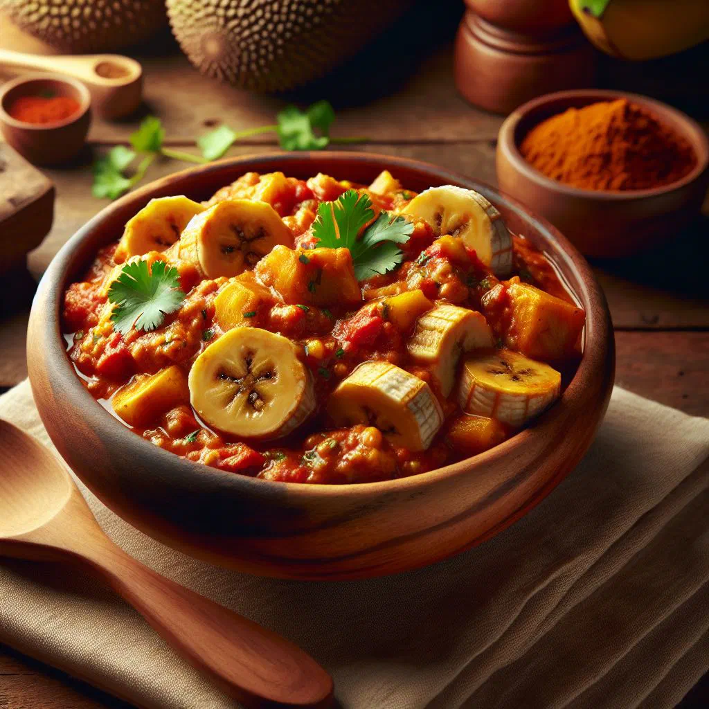 Bowl of breadfruit and banana stew garnished with fresh herbs