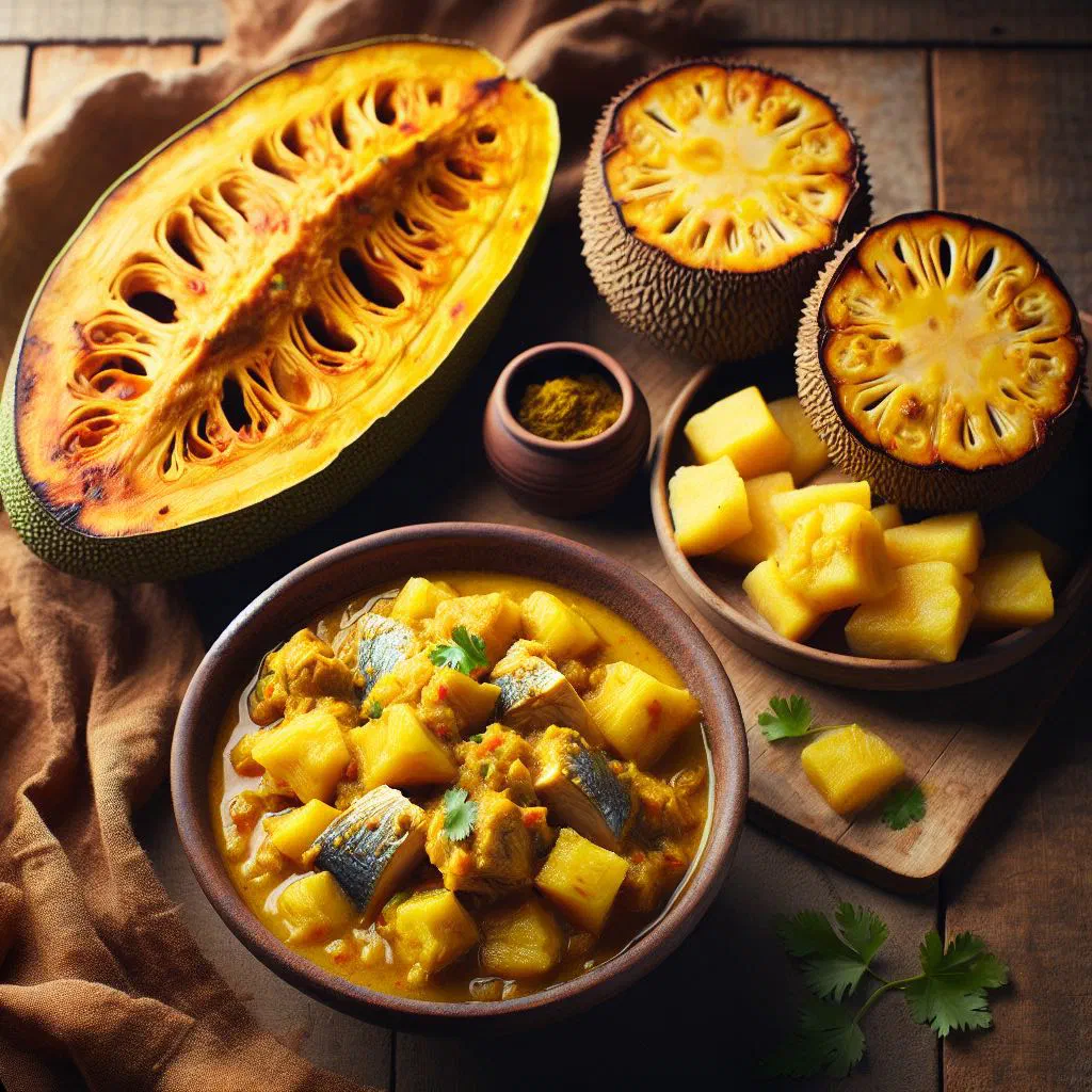 Breadfruit and fish curry in coconut sauce garnished with fresh coriander