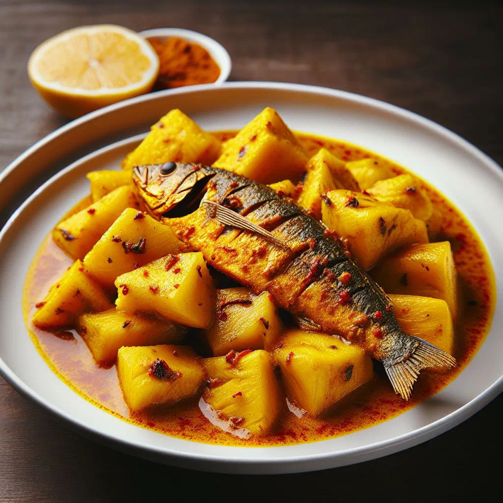Breadfruit curry with fish in coconut sauce, garnished with fresh coriander