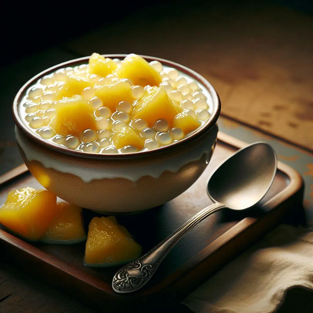 Creamy breadfruit and tapioca pudding in a glass topped with toasted coconut